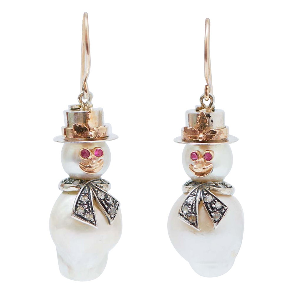 Pearls, Rubies, Diamonds, Rose Gold and Silver Snowman Dangle Earrings. For Sale