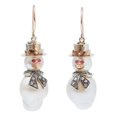 Pearls, Rubies, Diamonds, Rose Gold and Silver Snowman Dangle Earrings.