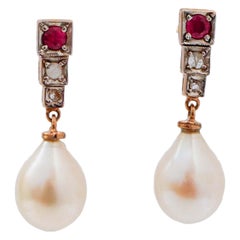 Pearls, Rubies, Diamonds, Rose Gold and Silver Tennis Earrings.