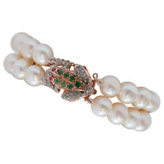 Pearls, Rubies, Emeralds, Diamonds, Rose Gold and Silver Frog Bracelet.
