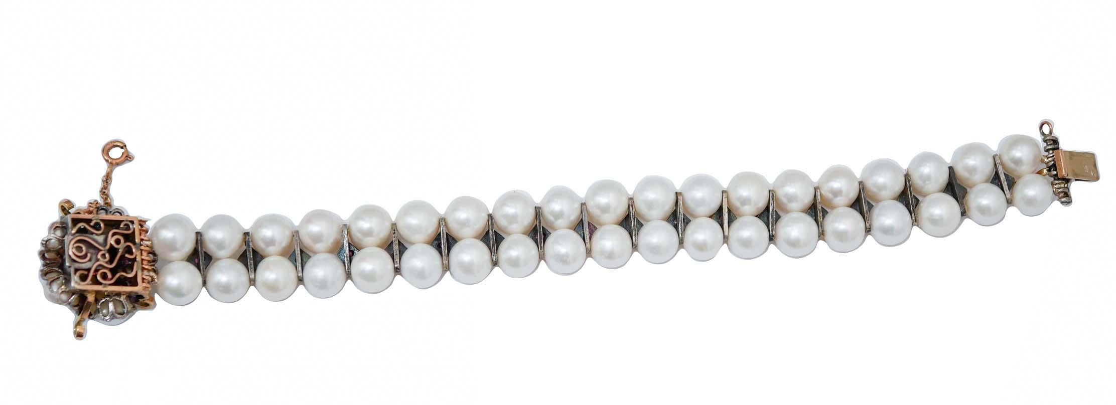 Retro Pearls, Rubies, Garnets, Rose Gold and Silver Bracelet. For Sale