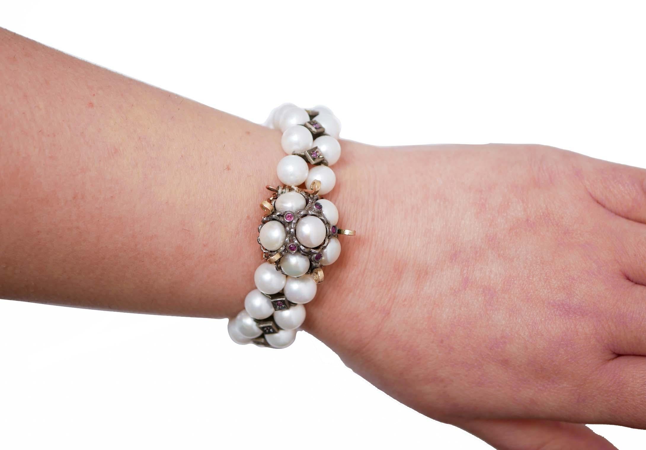 Mixed Cut Pearls, Rubies, Garnets, Rose Gold and Silver Bracelet. For Sale
