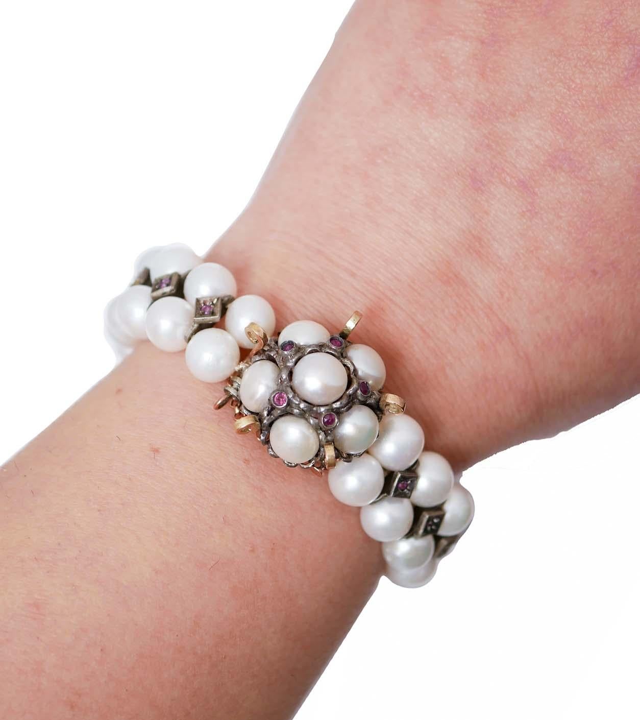 Pearls, Rubies, Garnets, Rose Gold and Silver Bracelet. In Good Condition For Sale In Marcianise, Marcianise (CE)