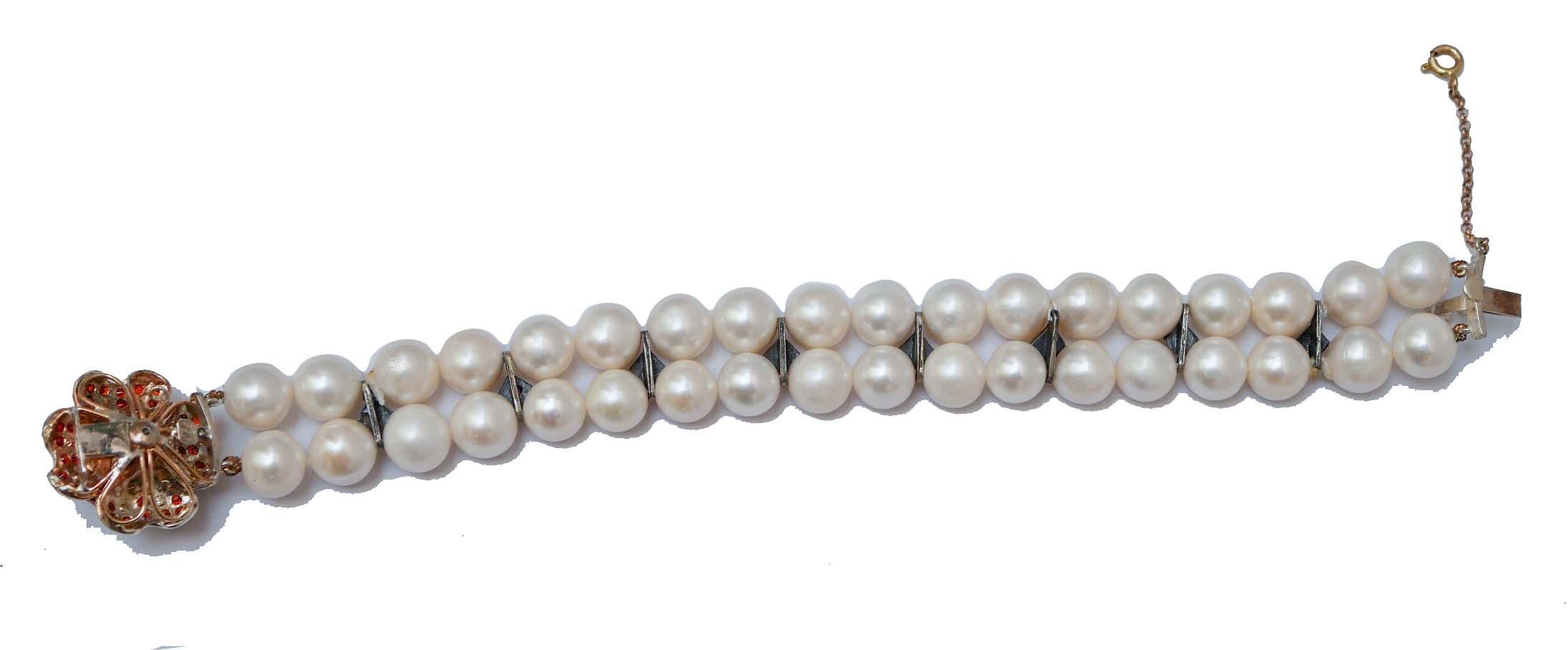 Pearls, Rubies, Multicolor Stones, Rose Gold and Silver Bracelet. Retro en venta