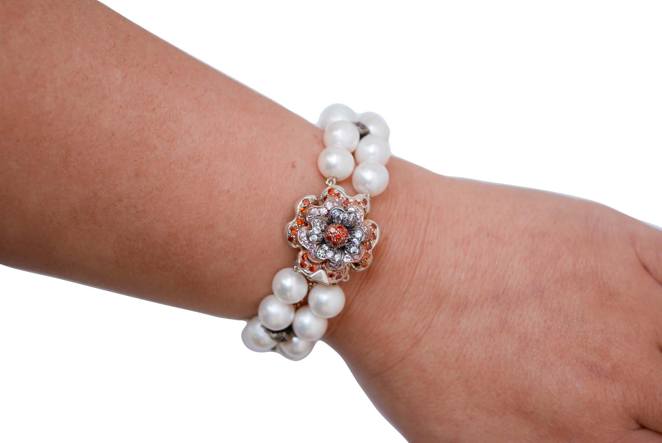 Pearls, Rubies, Multicolor Stones, Rose Gold and Silver Bracelet. Corte mixto en venta