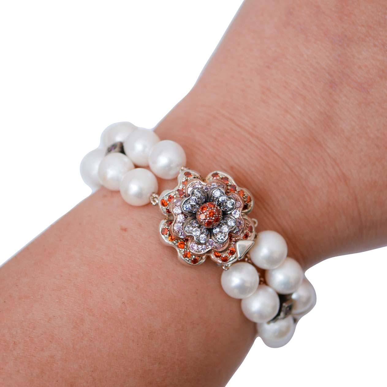 Pearls, Rubies, Multicolor Stones, Rose Gold and Silver Bracelet. en Bueno estado para la venta en Marcianise, Marcianise (CE)