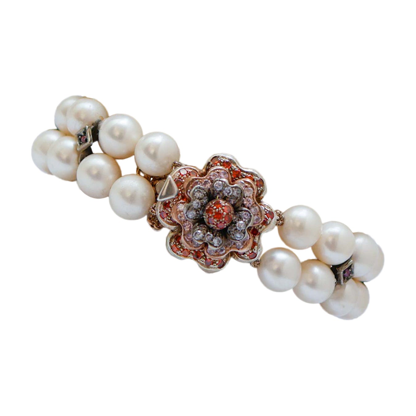Pearls, Rubies, Multicolor Stones, Rose Gold and Silver Bracelet.