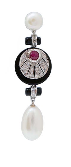 Pearls, Rubies, Onyx, Diamonds, Platinum Earrings.
