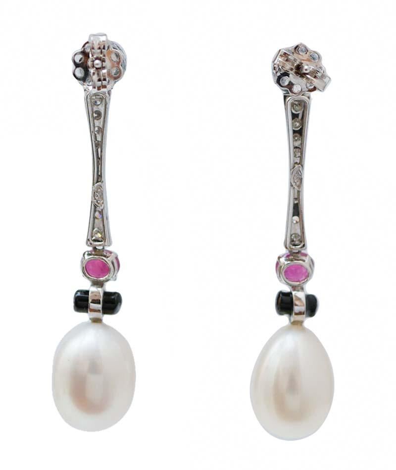 Pendientes de perlas, rubíes, ónix, diamantes y platino. Retro en venta