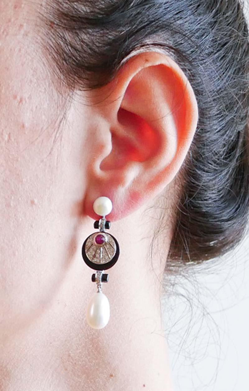 Perles, rubis, onyx, diamants, platine Boucles d'oreilles. Bon état - En vente à Marcianise, Marcianise (CE)