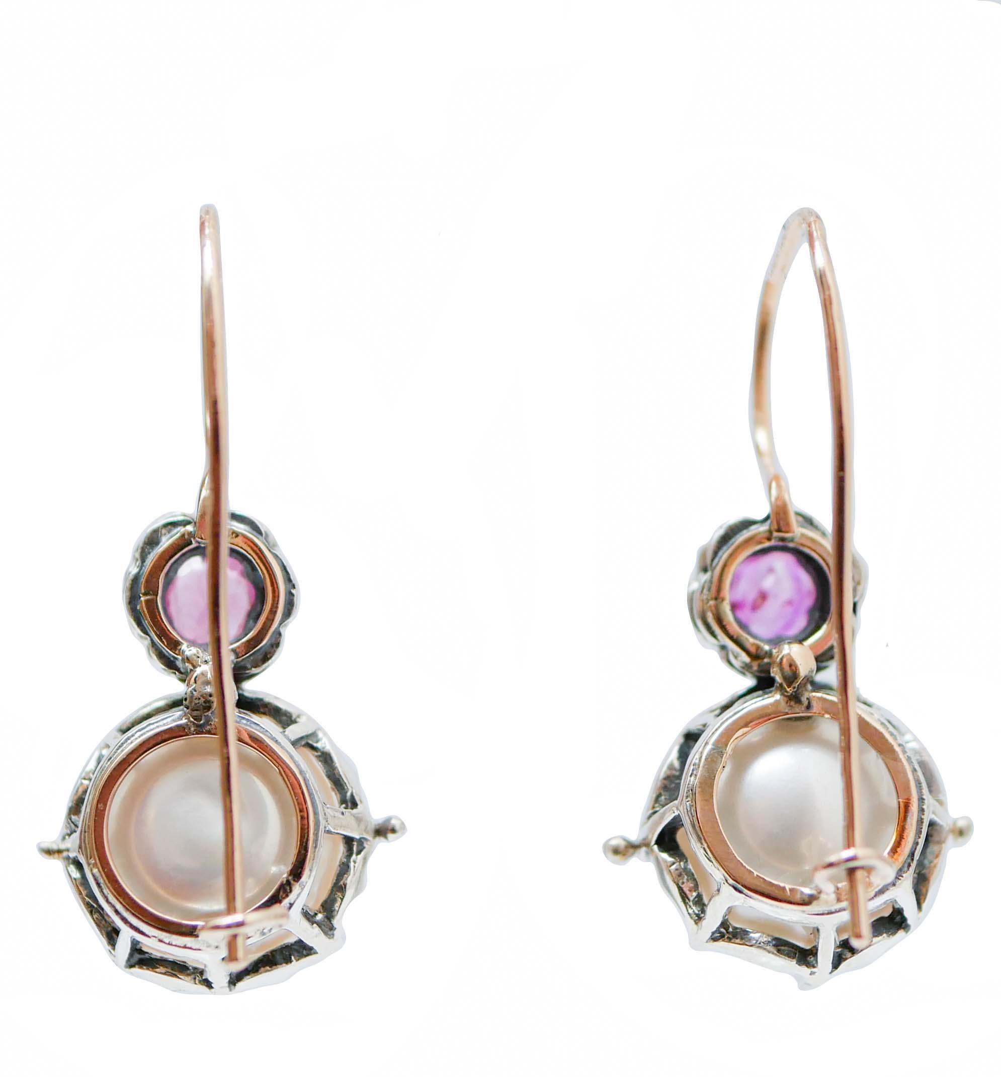 Ohrringe aus Perlen, Rubinen, Roségold und Silber. (Retro) im Angebot