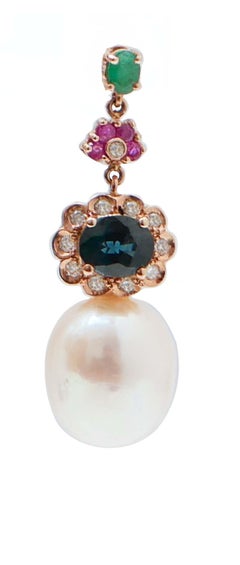 Perles, rubis, saphirs, émeraudes, diamants, boucles d'oreilles en or rose 14 carats.