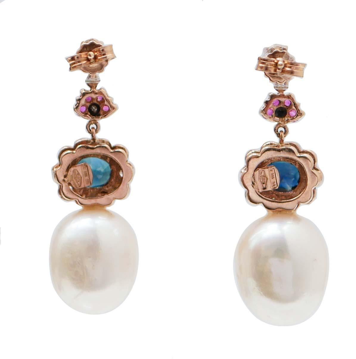 Retro Pearls, Rubies, Sapphires, Emeralds, Diamonds, 14 Karat Rose Gold Earrings. For Sale