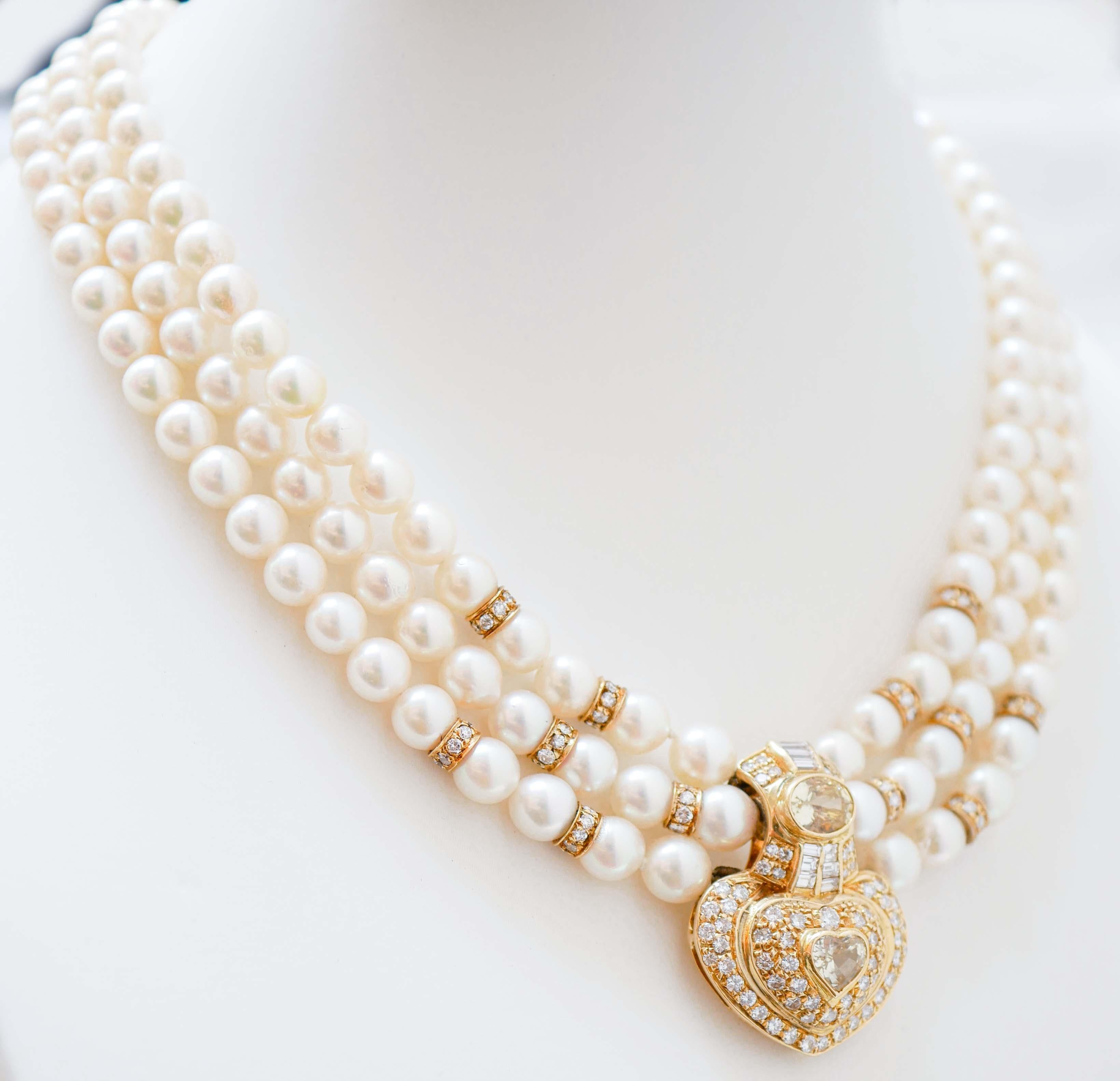 Retro Pearls, Sapphire, Diamonds, 18 Karat Yellow Gold Necklace.