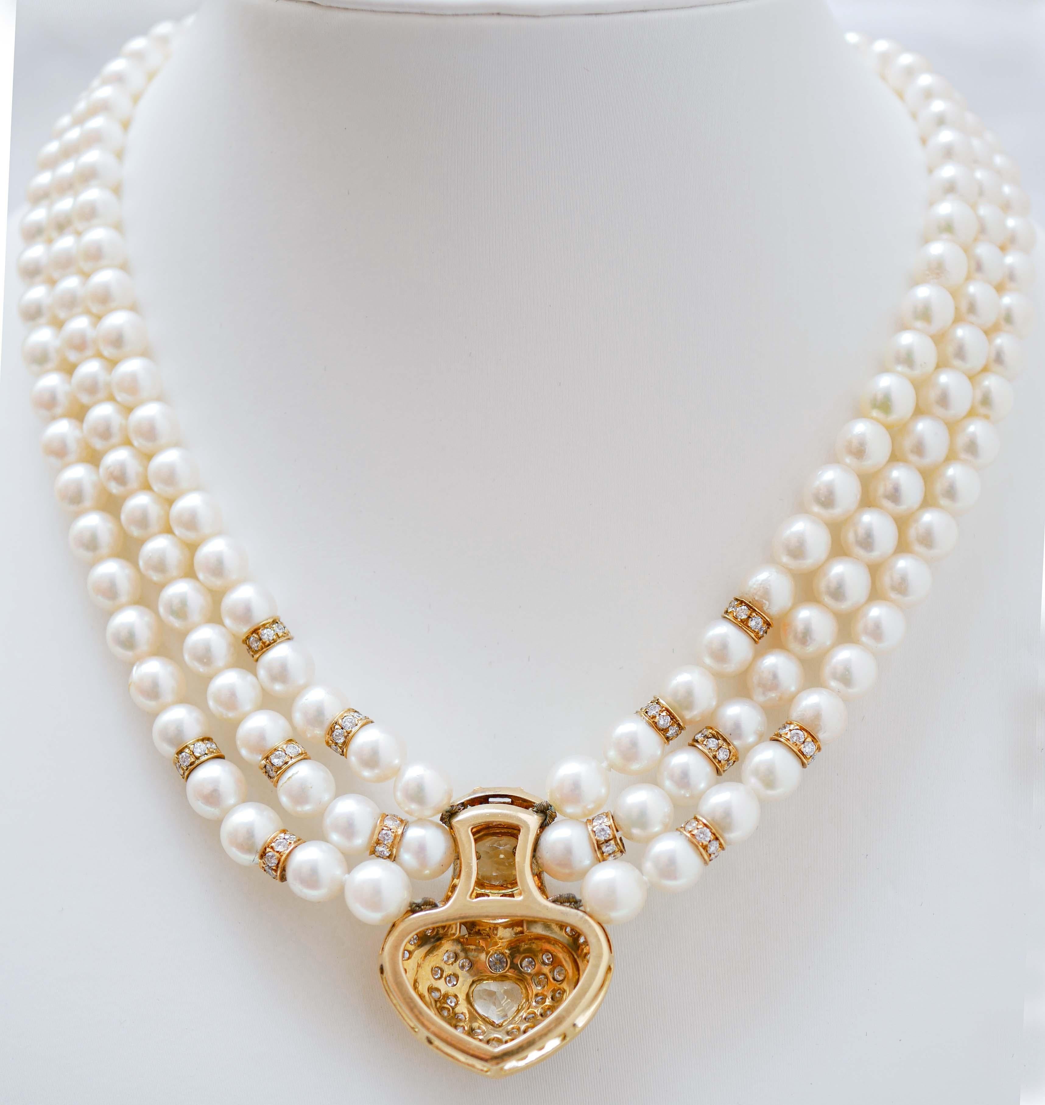 Mixed Cut Pearls, Sapphire, Diamonds, 18 Karat Yellow Gold Necklace.