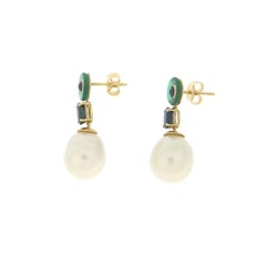 Pendientes Gota Perlas Zafiros Oro Amarillo 18 Kilates