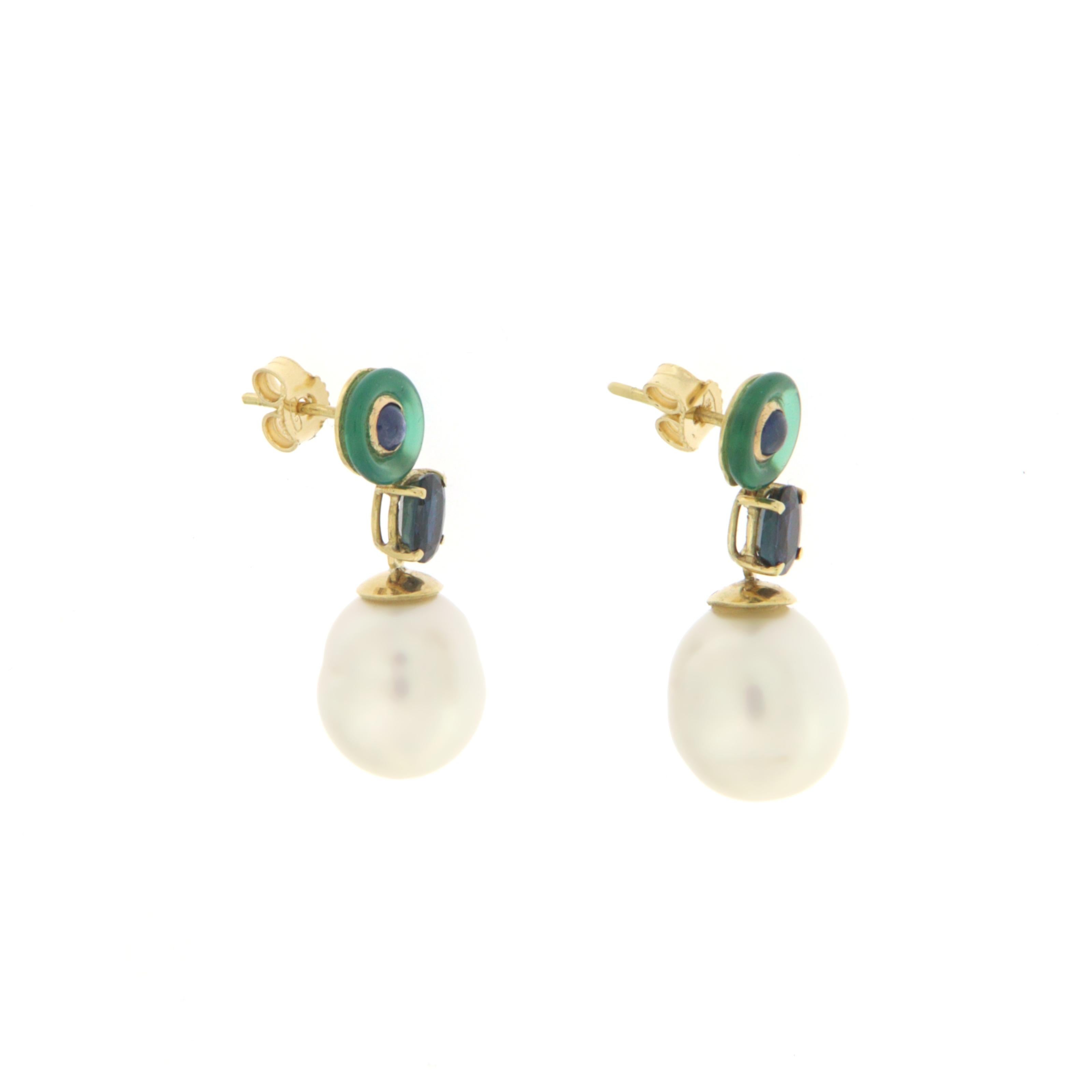 Artisan Pearls Sapphires 18 Karat Yellow Gold Drop Earrings For Sale