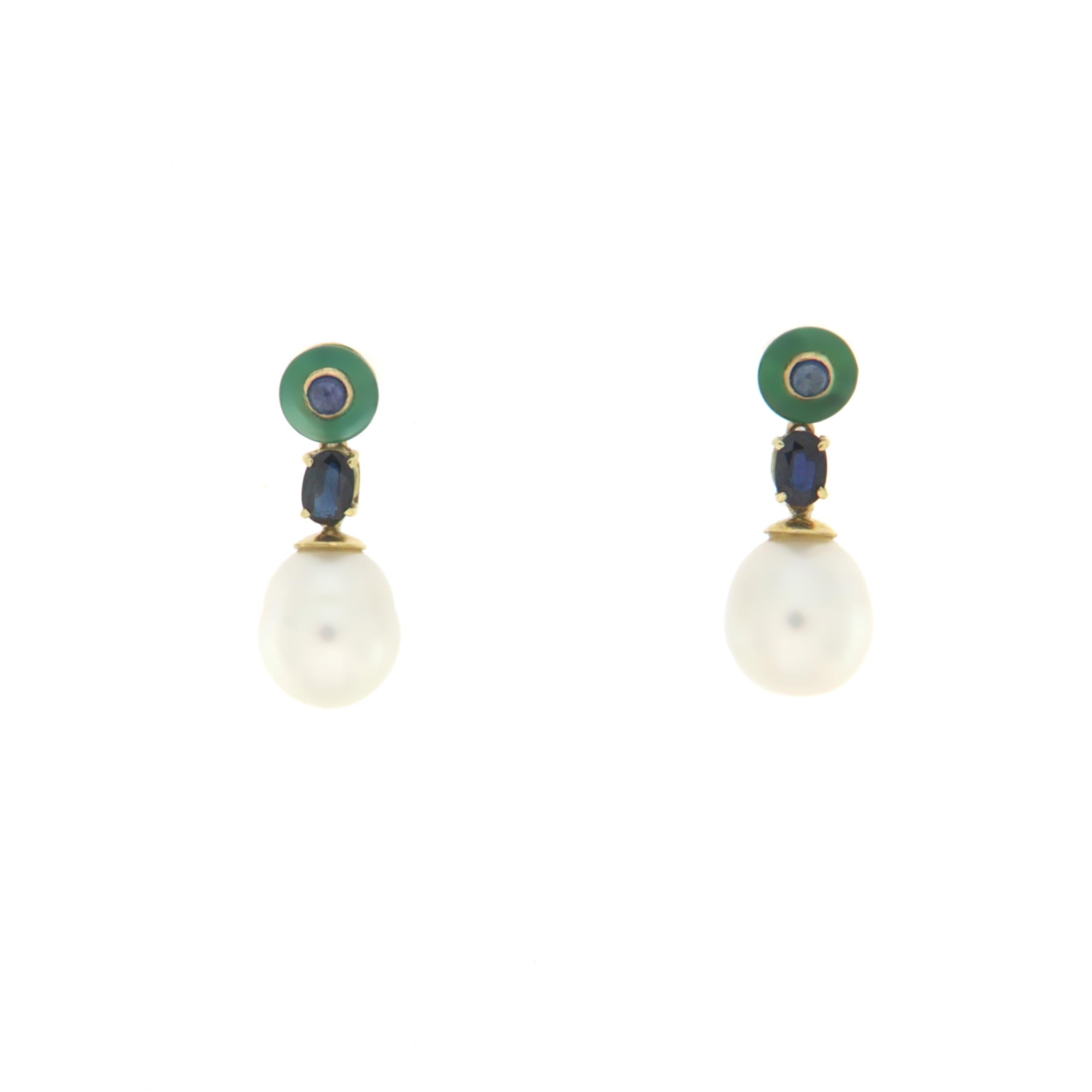 Brilliant Cut Pearls Sapphires 18 Karat Yellow Gold Drop Earrings For Sale