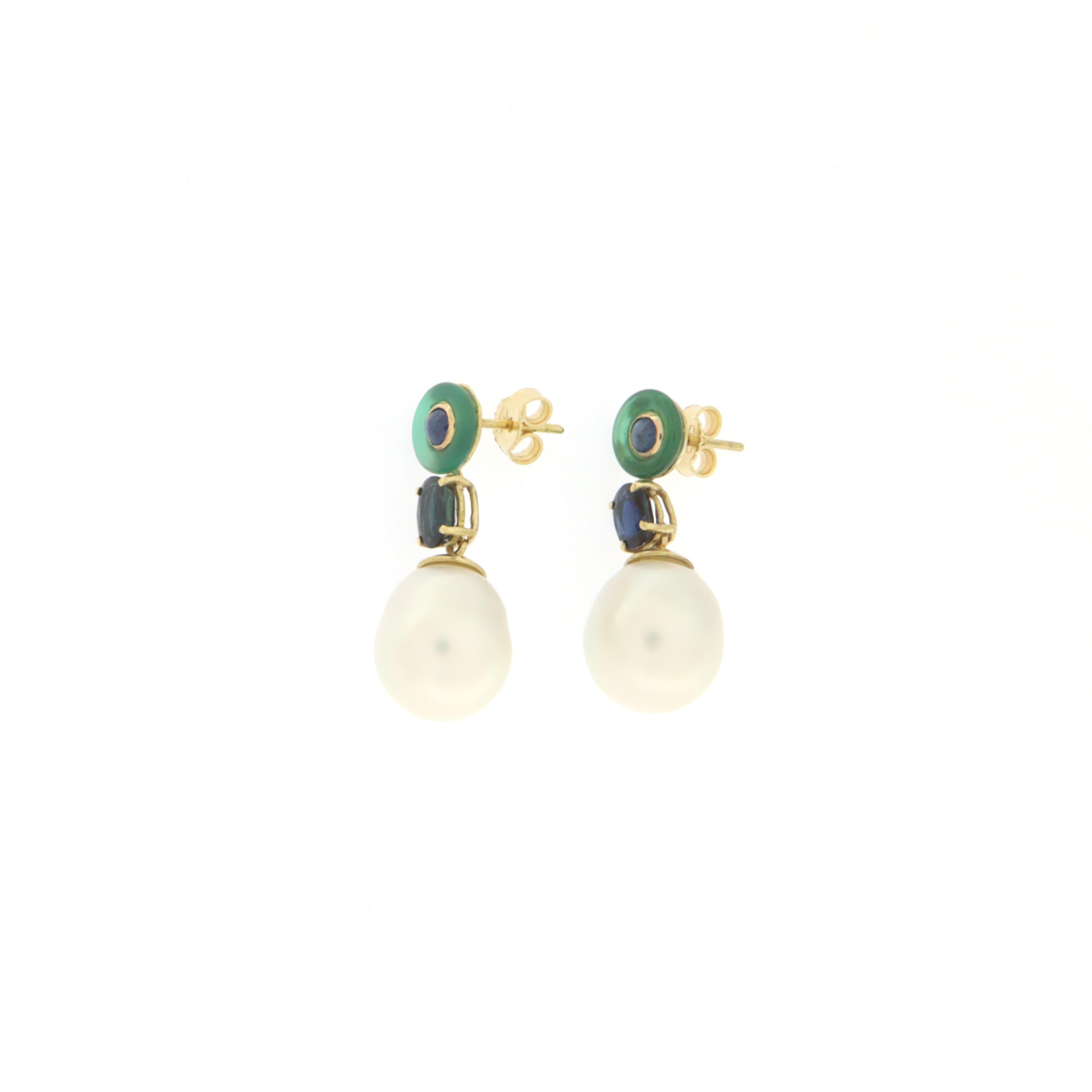 Pearls Sapphires 18 Karat Yellow Gold Drop Earrings In New Condition For Sale In Marcianise, IT