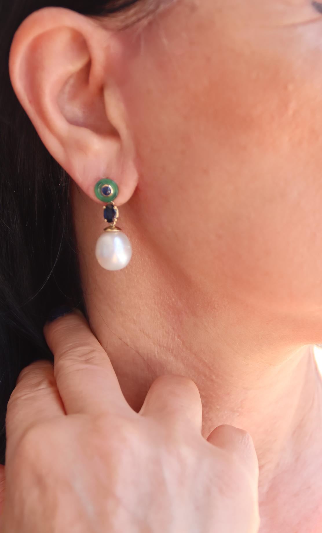 Pearls Sapphires 18 Karat Yellow Gold Drop Earrings For Sale 2