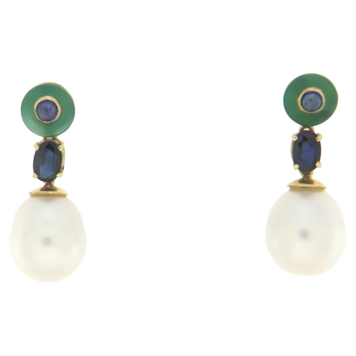 Pearls Sapphires 18 Karat Yellow Gold Drop Earrings For Sale