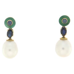 Pearls Sapphires 18 Karat Yellow Gold Drop Earrings