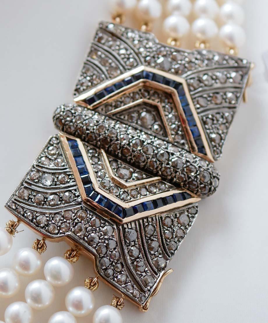 Retro Pearls, Sapphires, Diamonds, 14 Karat Rose Gold and Silver Necklace. For Sale