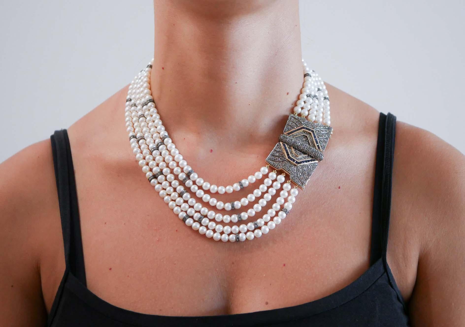 Mixed Cut Pearls, Sapphires, Diamonds, 14 Karat Rose Gold and Silver Necklace. For Sale