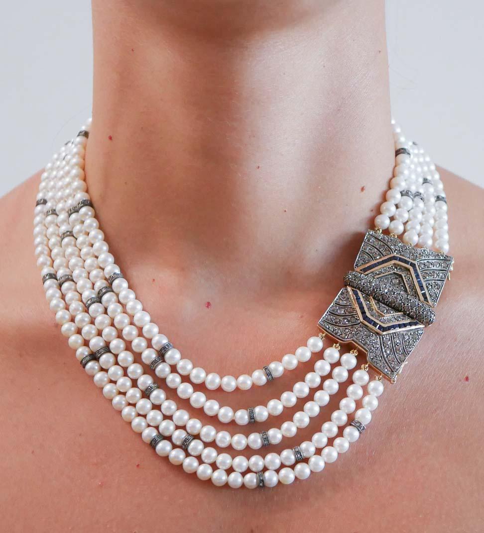 Pearls, Sapphires, Diamonds, 14 Karat Rose Gold and Silver Necklace. In Good Condition For Sale In Marcianise, Marcianise (CE)