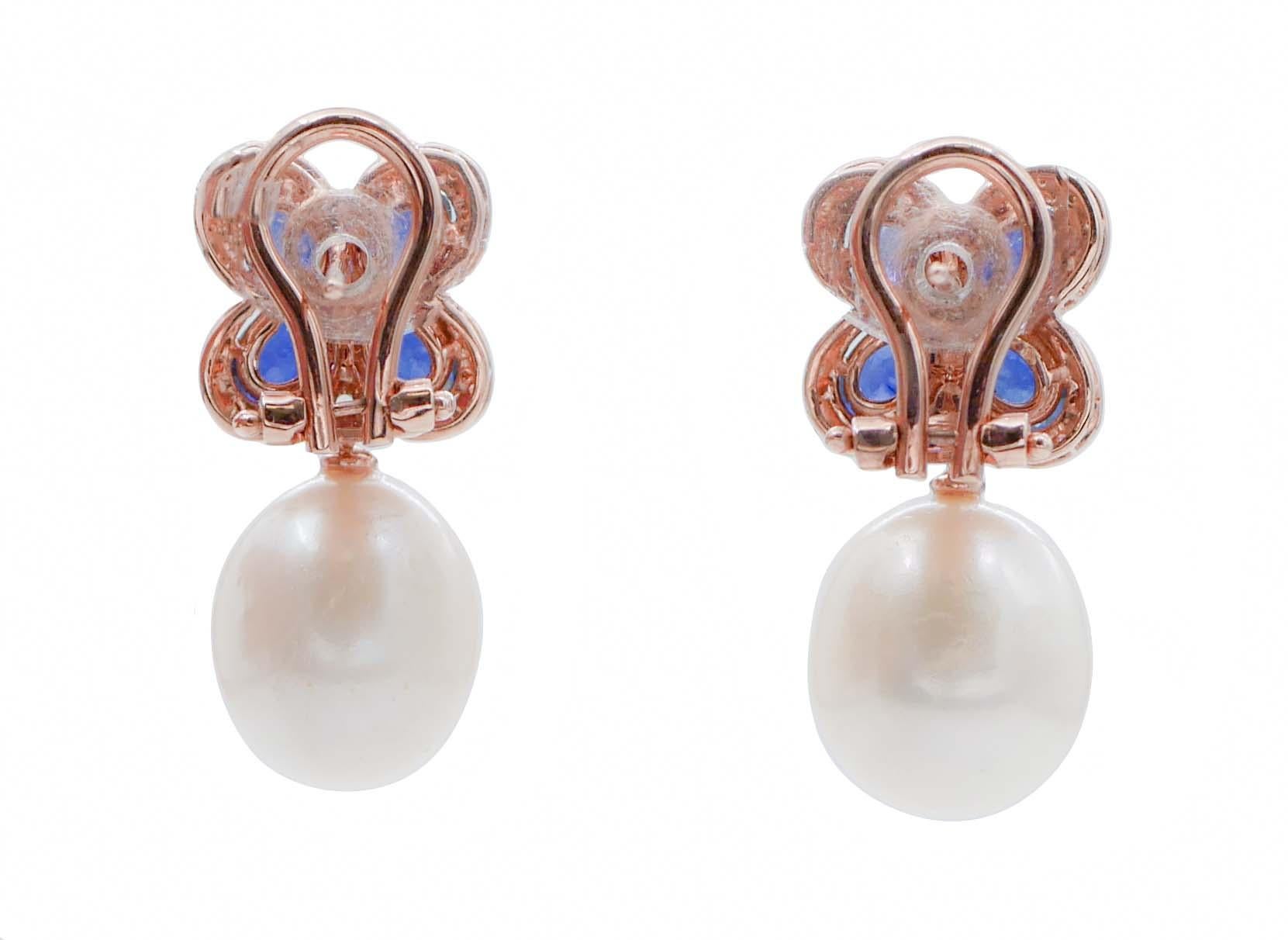 Retro Pearls, Sapphires, Diamonds, 14 Karat Rose Gold Dangle Earrings For Sale