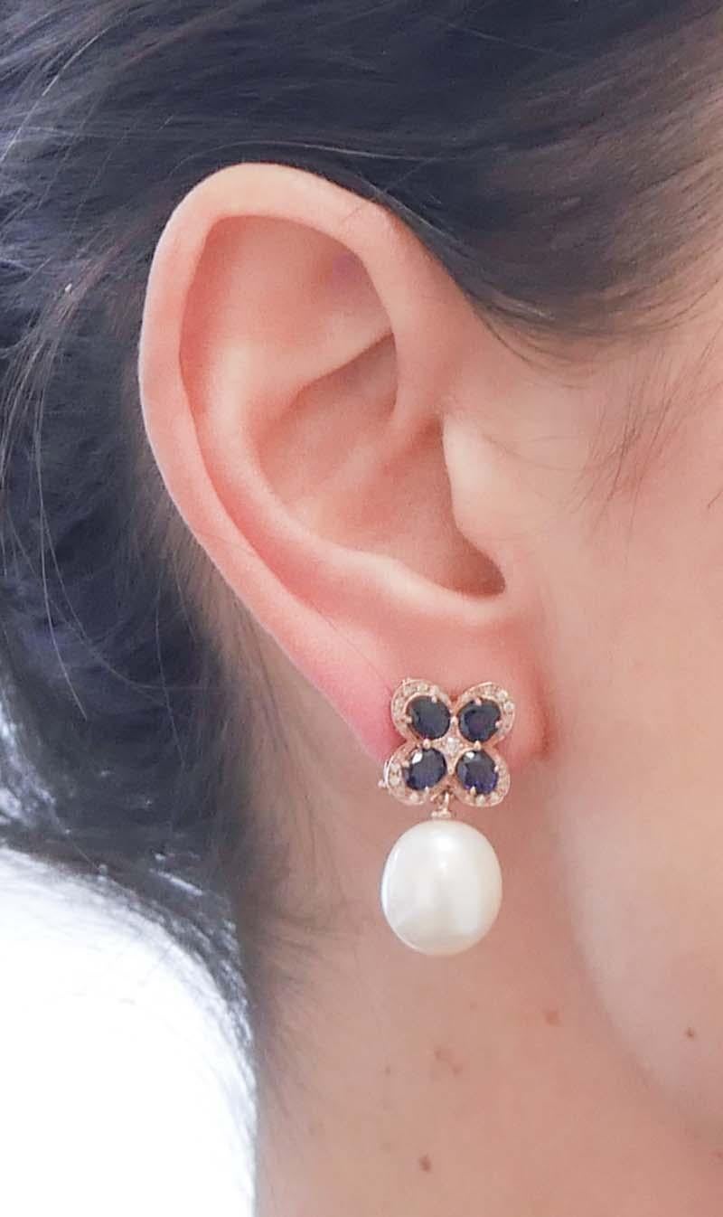 Pearls, Sapphires, Diamonds, 14 Karat Rose Gold Dangle Earrings In Good Condition For Sale In Marcianise, Marcianise (CE)