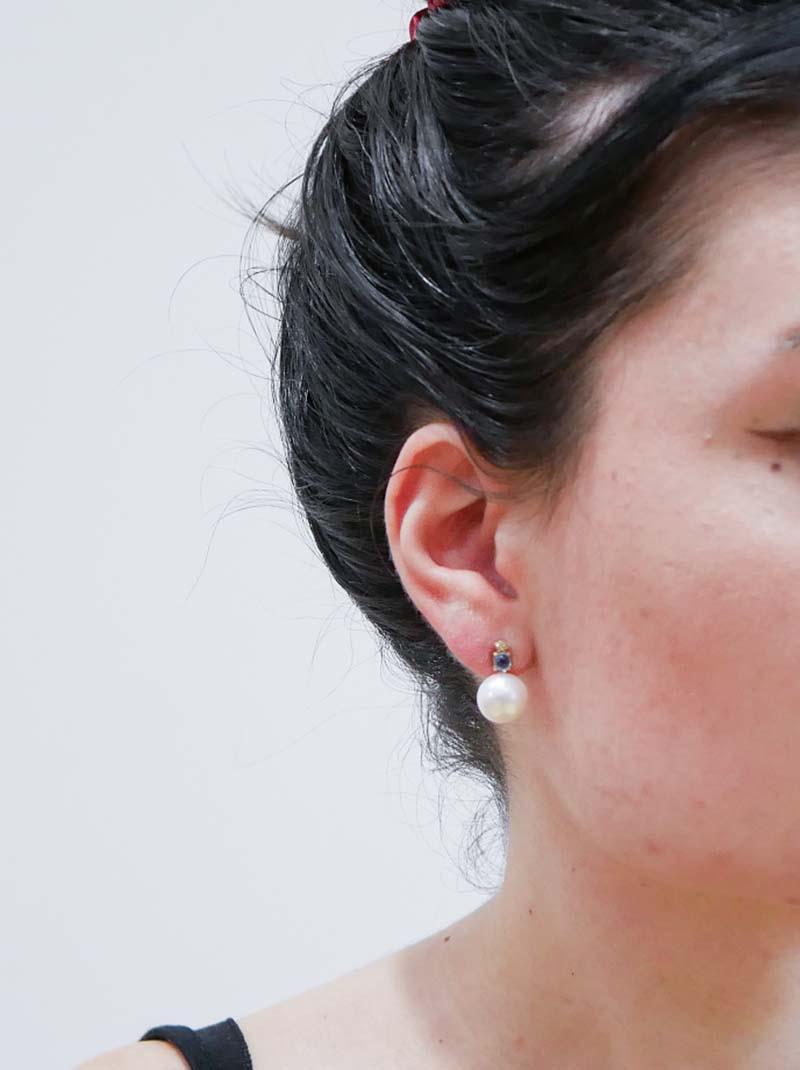 Pendientes de perlas, zafiros, diamantes y oro rosa de 14 quilates. Corte mixto en venta