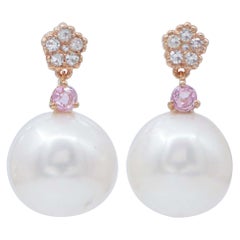 Pearls, Sapphires, Diamonds, 14 Karat Rose Gold Earrings Pearls, Sapphires, Diamonds, 14 Karat Rose Gold Earrings
