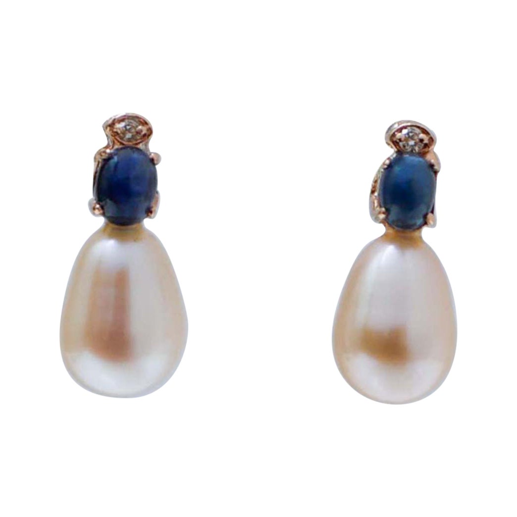 Pearls, Sapphires, Diamonds, 14 Karat Rose Gold Earrings.