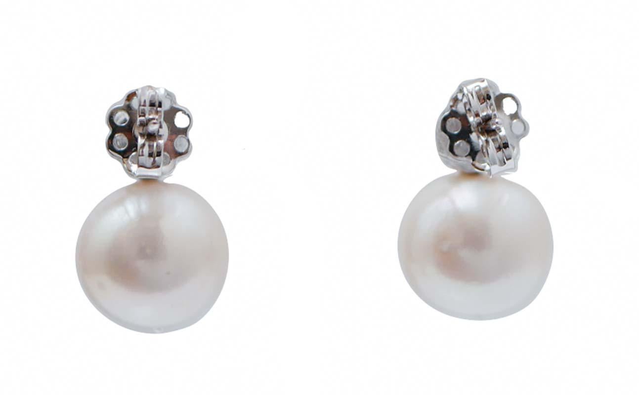 Retro Pearls, Sapphires, Diamonds, 14 Karat White Gold Earrings. For Sale