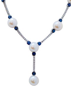 Perle, zaffiri, diamanti, collana tennis in oro bianco 14 carati.