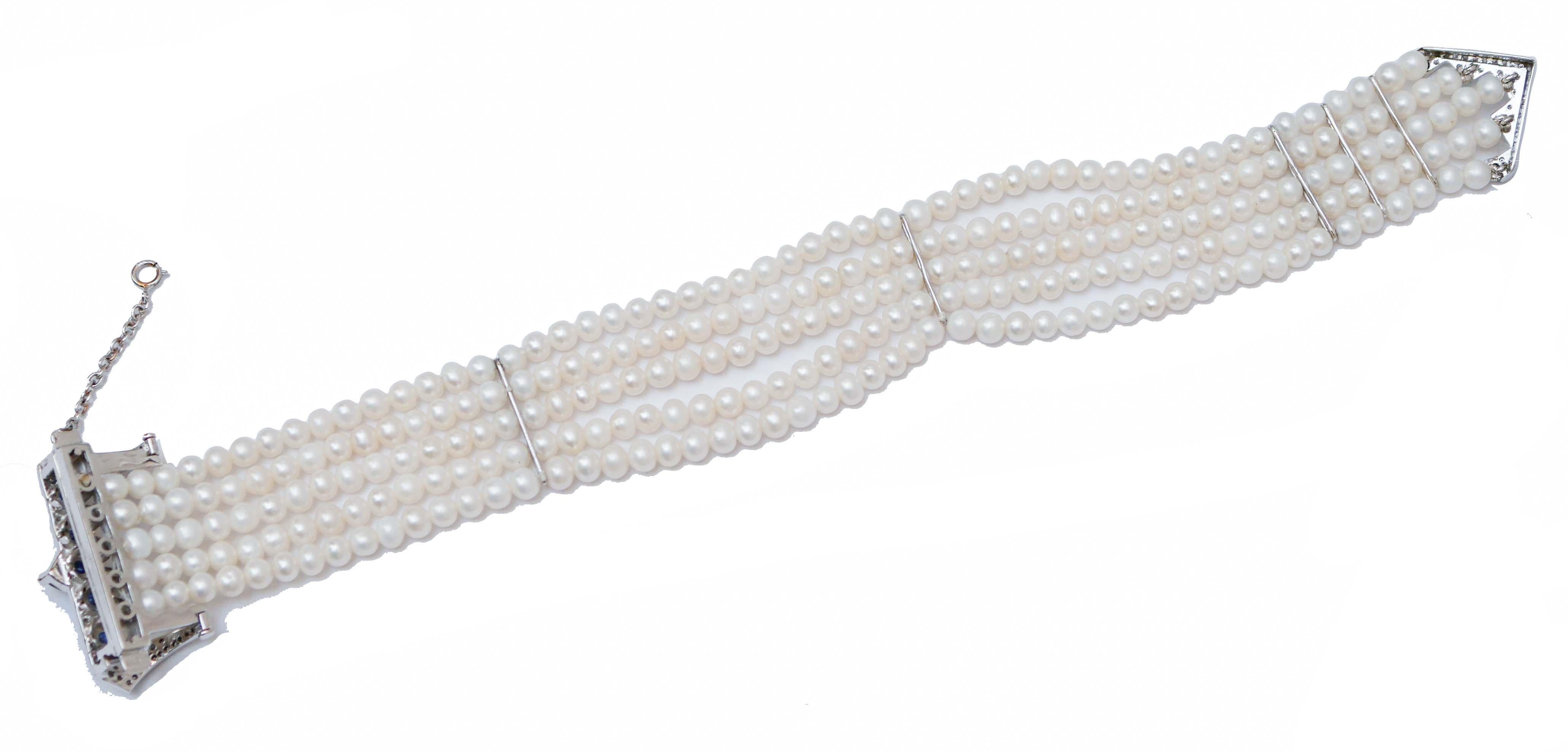 Retro Pearls, Sapphires, Diamonds, 14 Kt White Gold Bracelet. For Sale