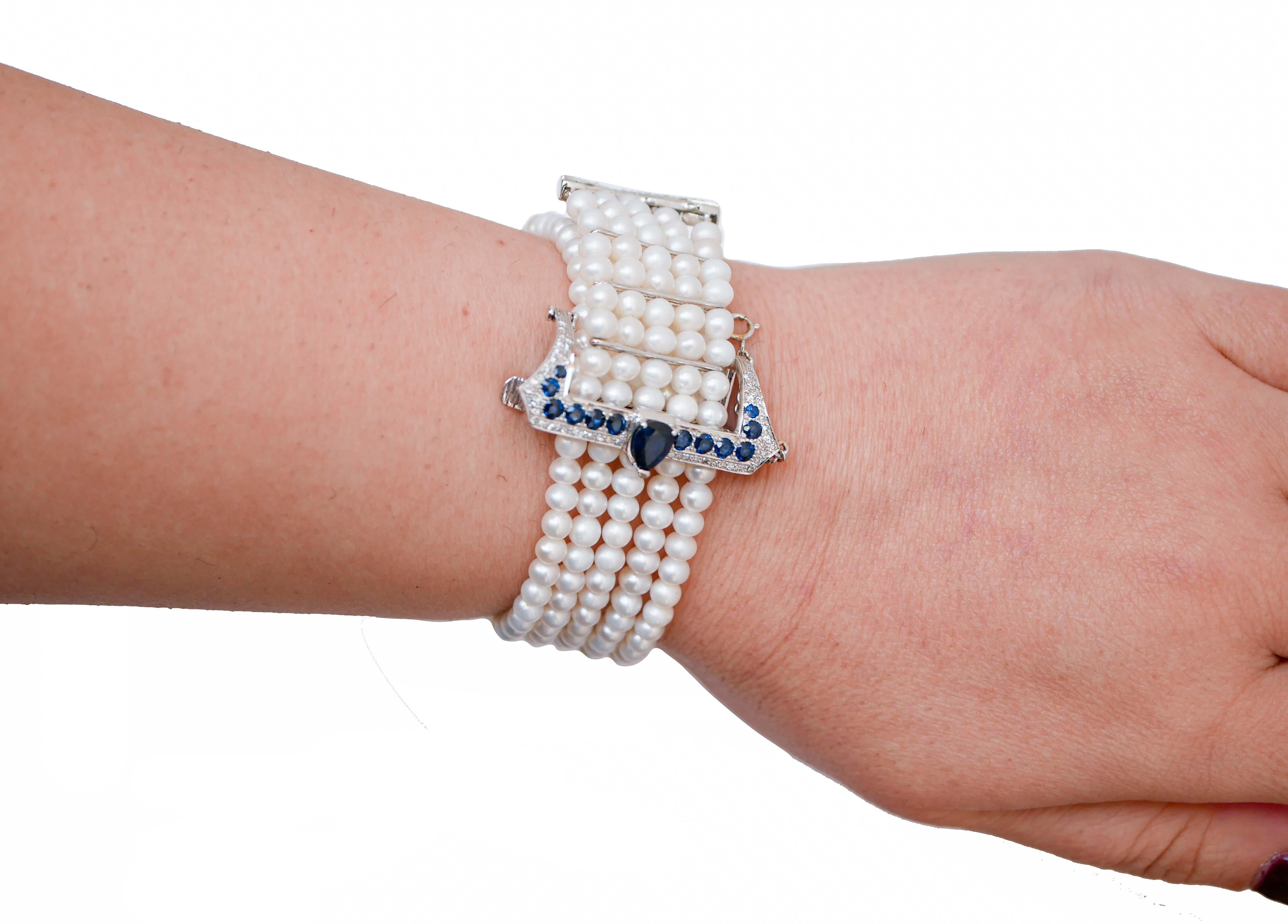 Pearls, Sapphires, Diamonds, 14 Kt White Gold Bracelet. In Good Condition For Sale In Marcianise, Marcianise (CE)