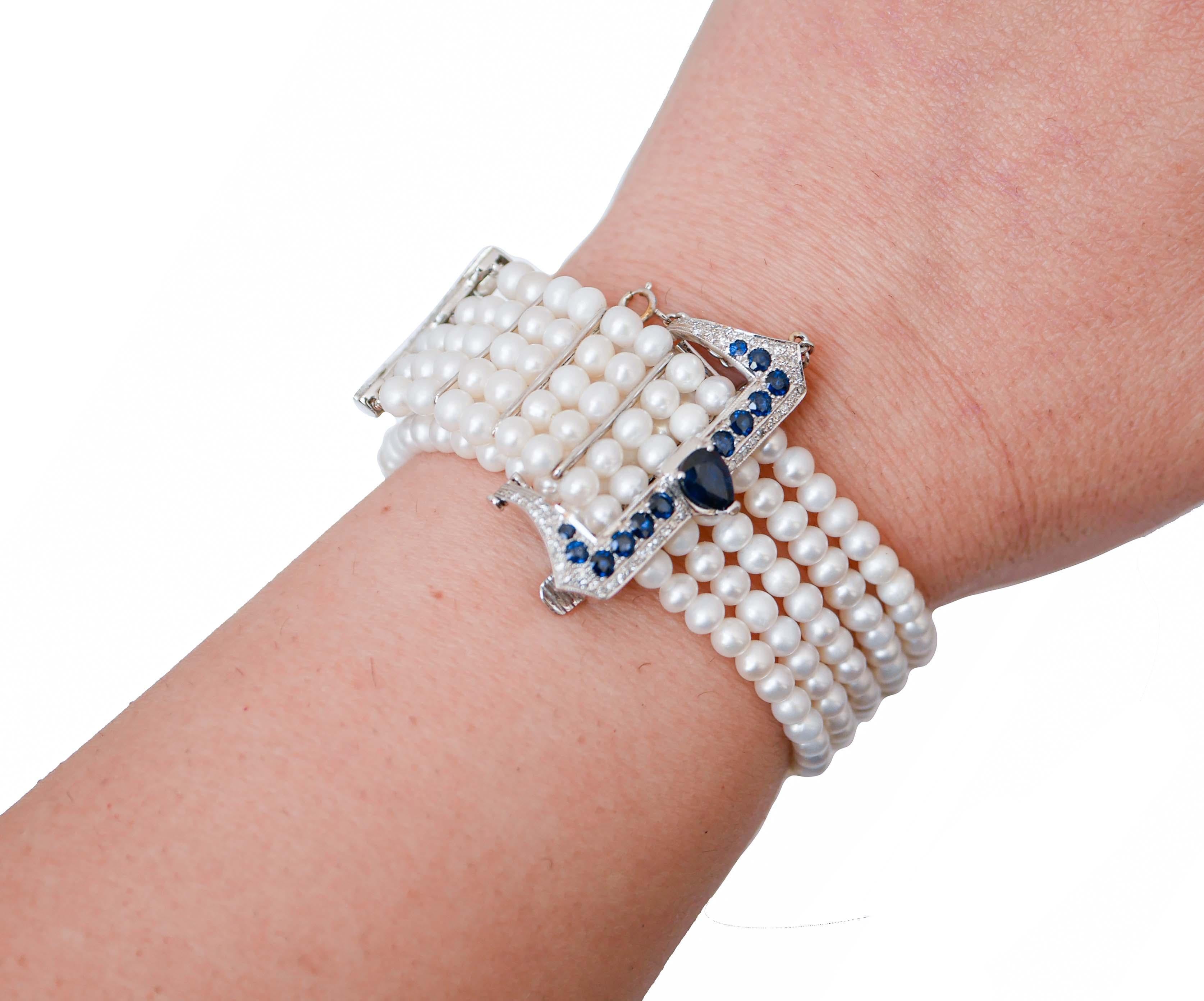 Women's Pearls, Sapphires, Diamonds, 14 Kt White Gold Bracelet. For Sale