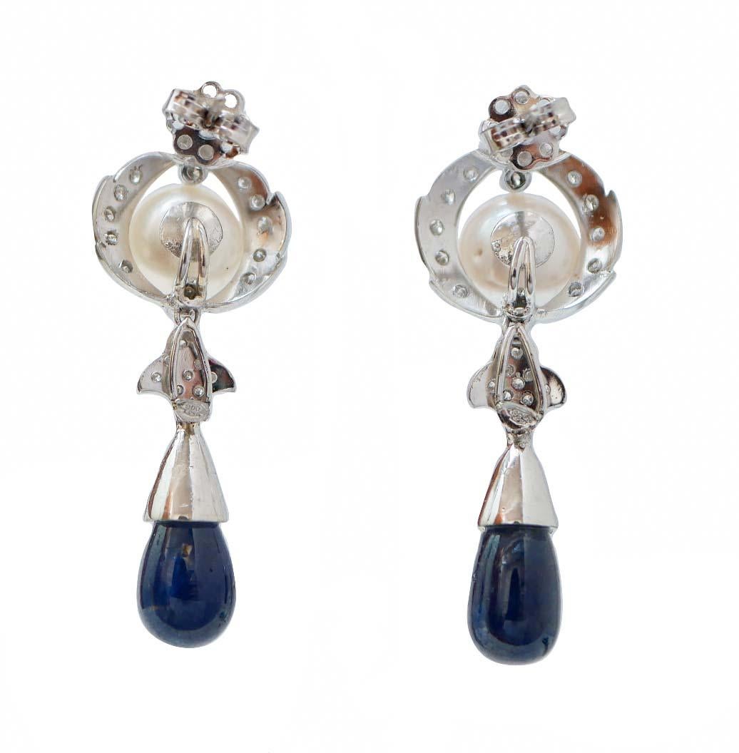 Retro Pearls, Sapphires. Diamonds, Platinum Earrings.