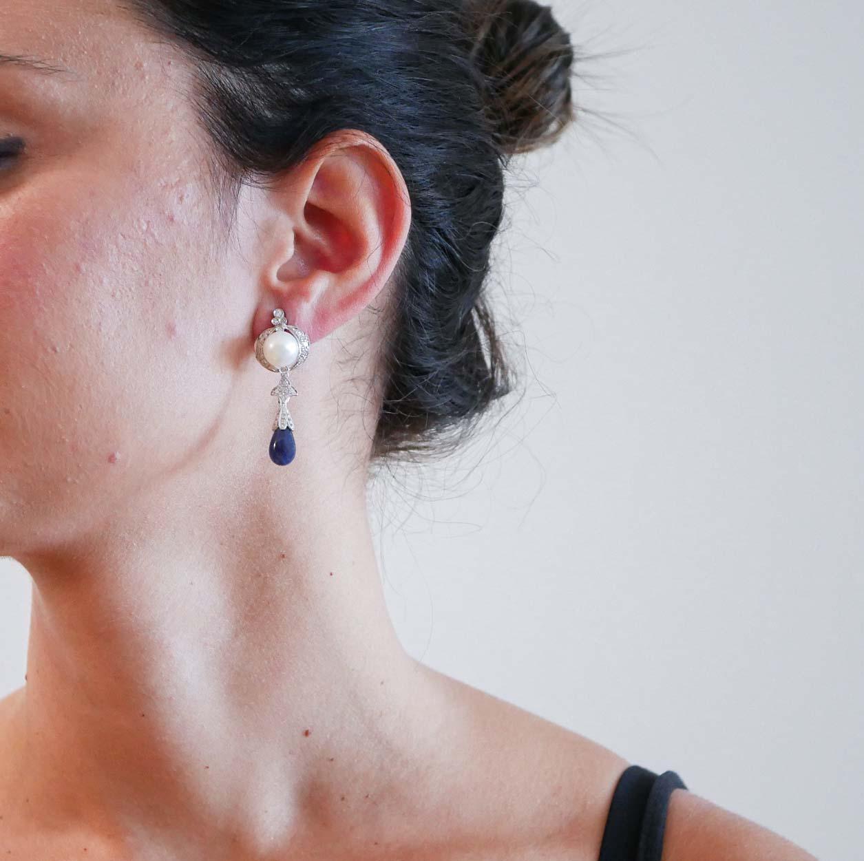 Mixed Cut Pearls, Sapphires. Diamonds, Platinum Earrings.