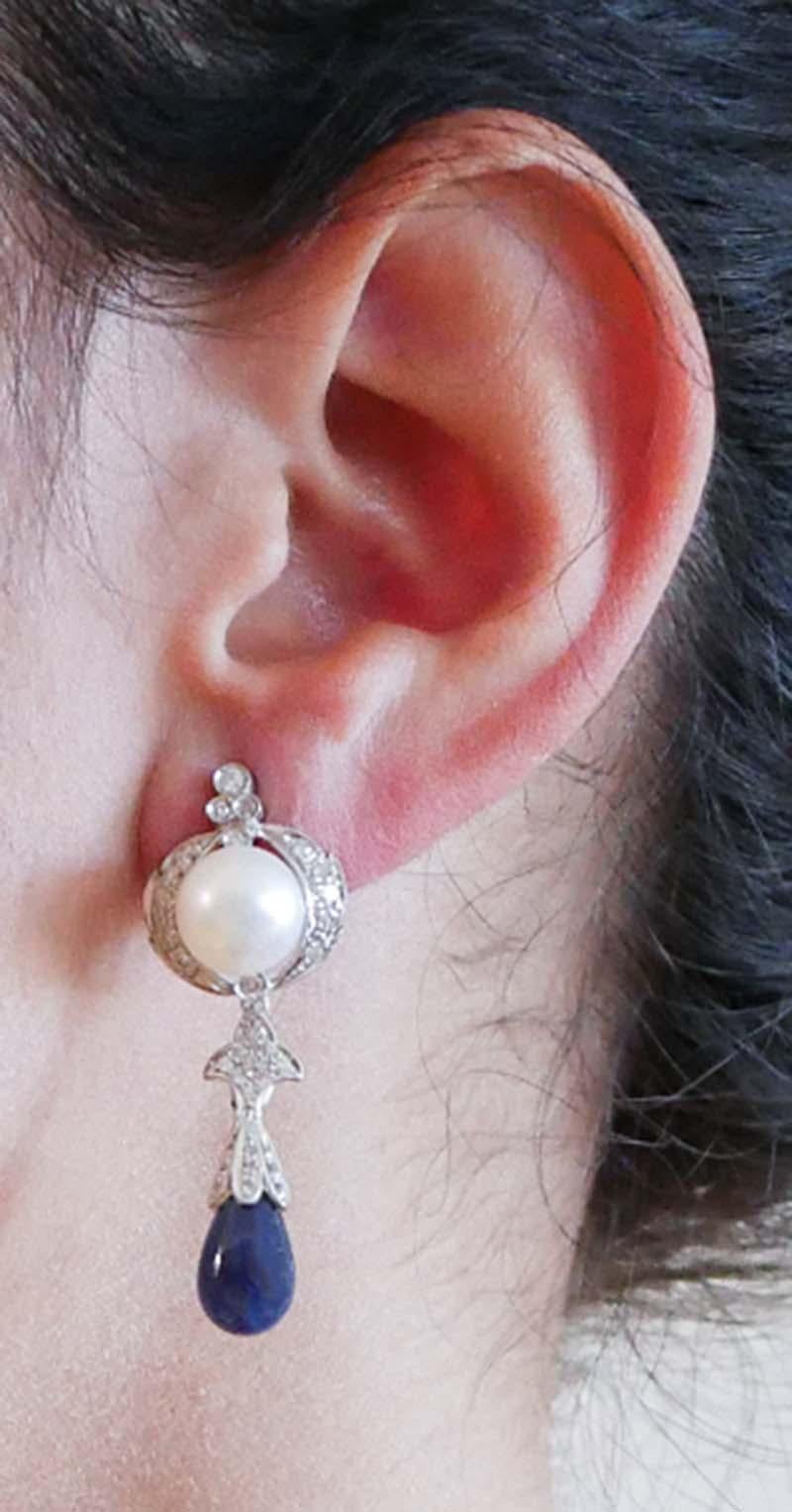 Pearls, Sapphires. Diamonds, Platinum Earrings. In Good Condition In Marcianise, Marcianise (CE)