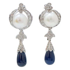 Pearls, Sapphires. Diamonds, Platinum Earrings.