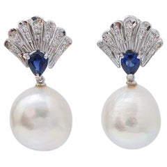 Pearls, Sapphires, Diamonds, Platinum Earrings.