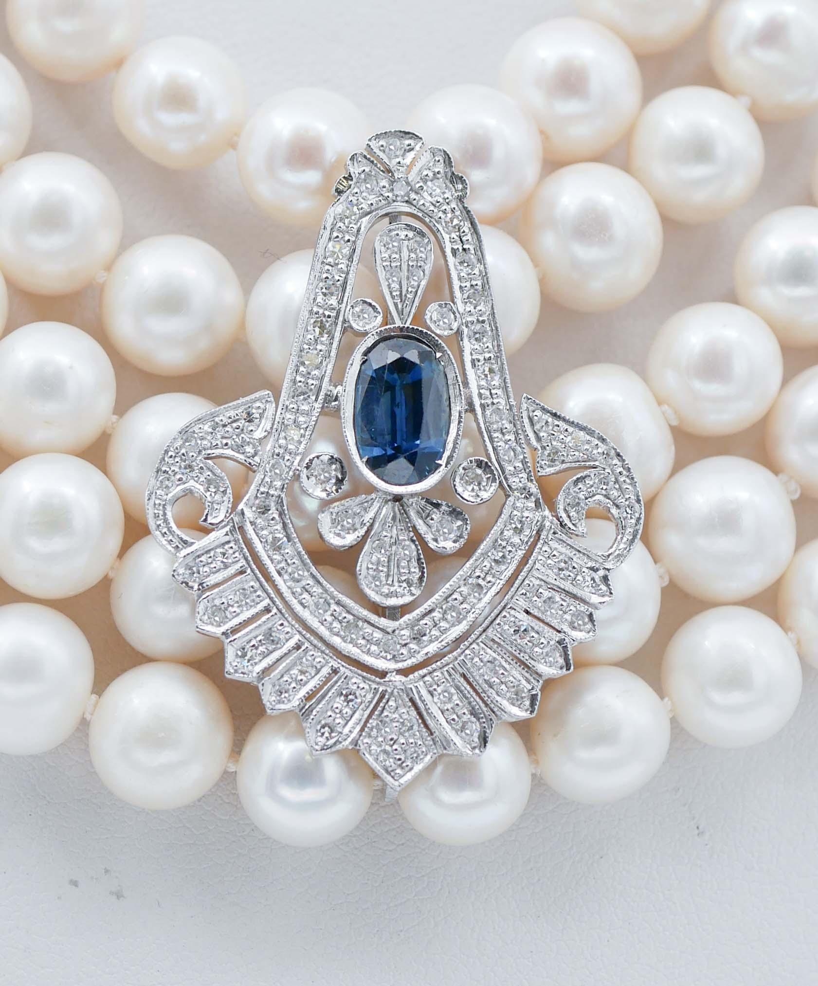 Retro Pearls, Sapphires, Diamonds, Platinum Multistrands Necklace For Sale