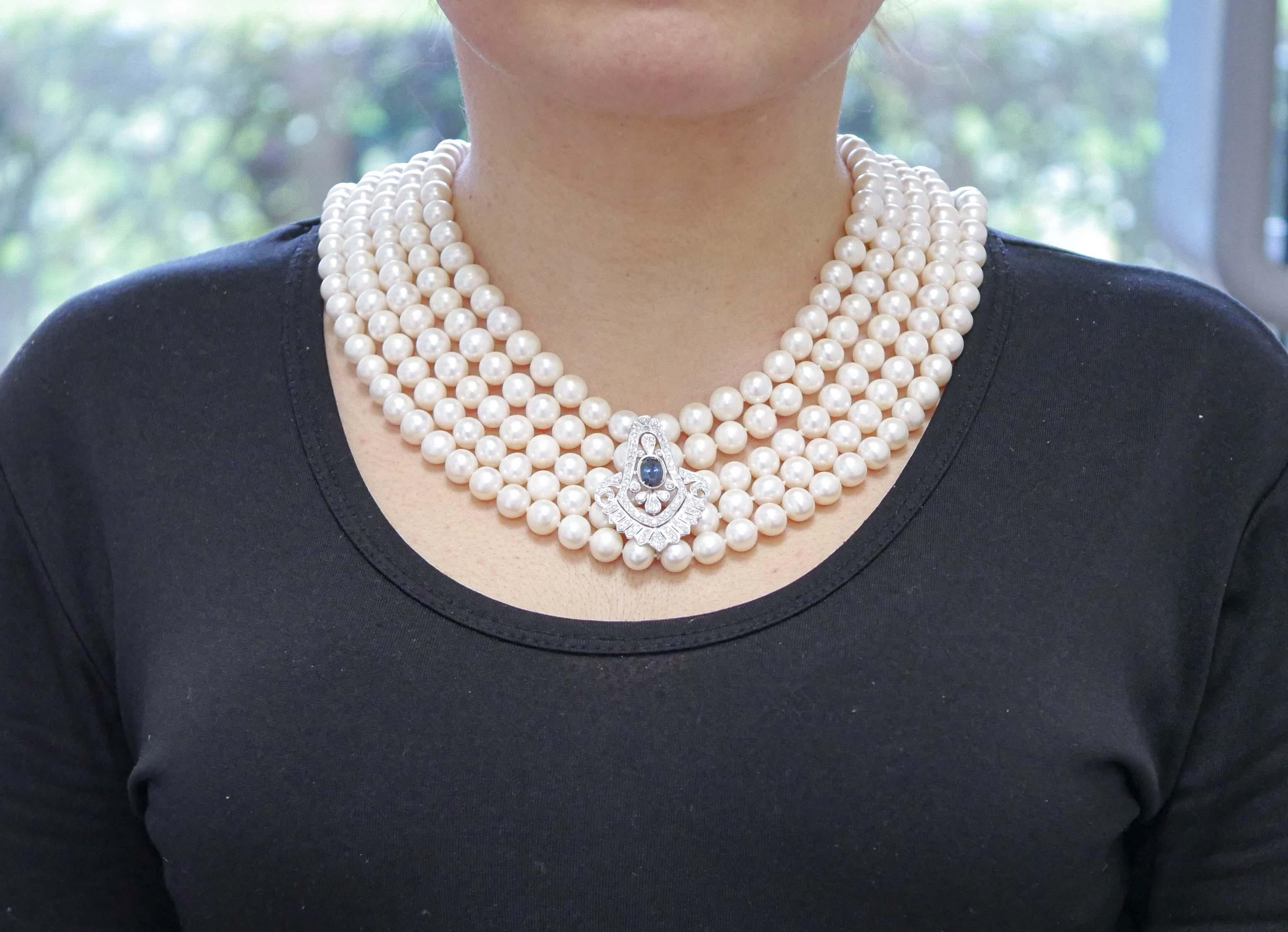Pearls, Sapphires, Diamonds, Platinum Multistrands Necklace In Good Condition For Sale In Marcianise, Marcianise (CE)