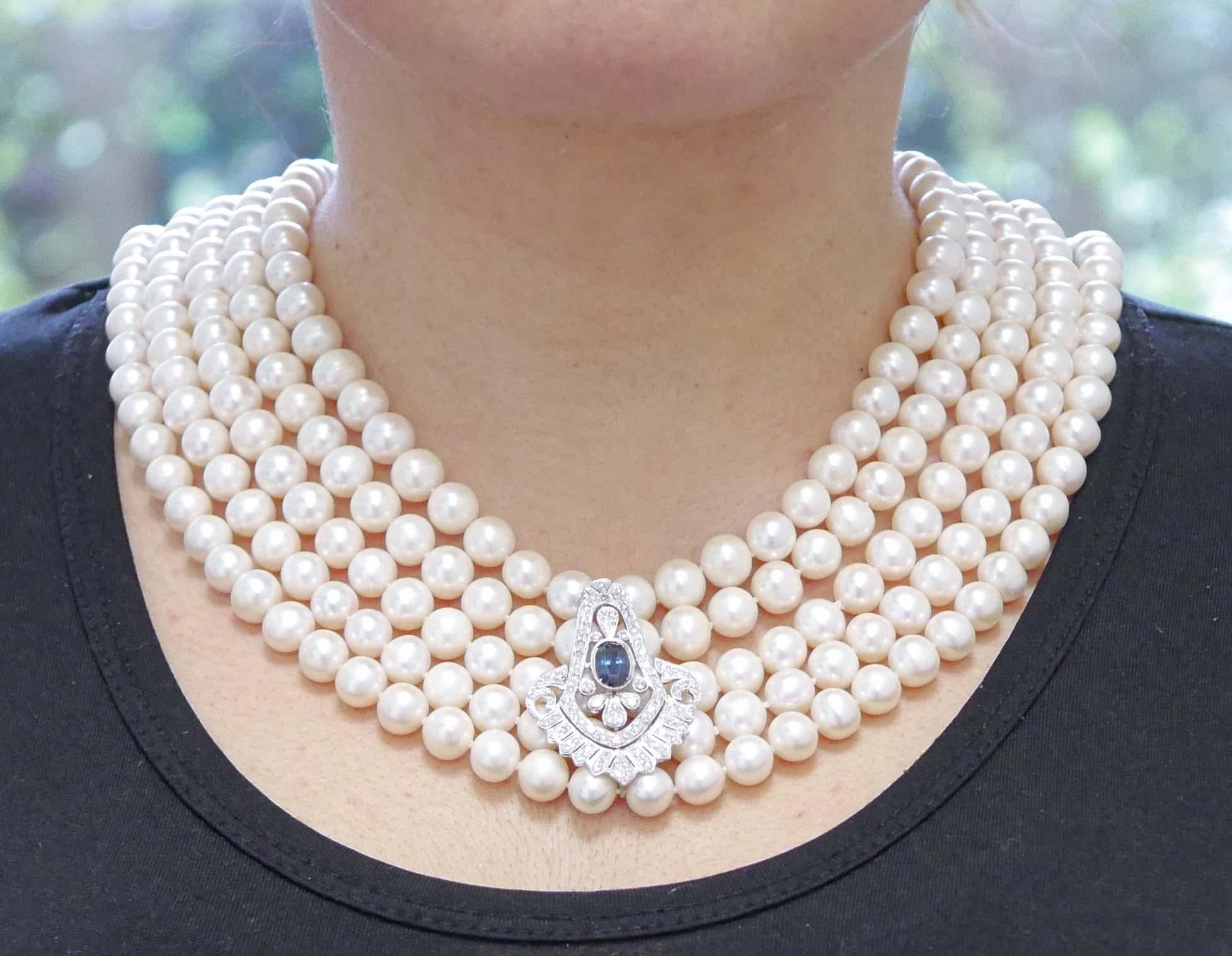 Women's Pearls, Sapphires, Diamonds, Platinum Multistrands Necklace For Sale