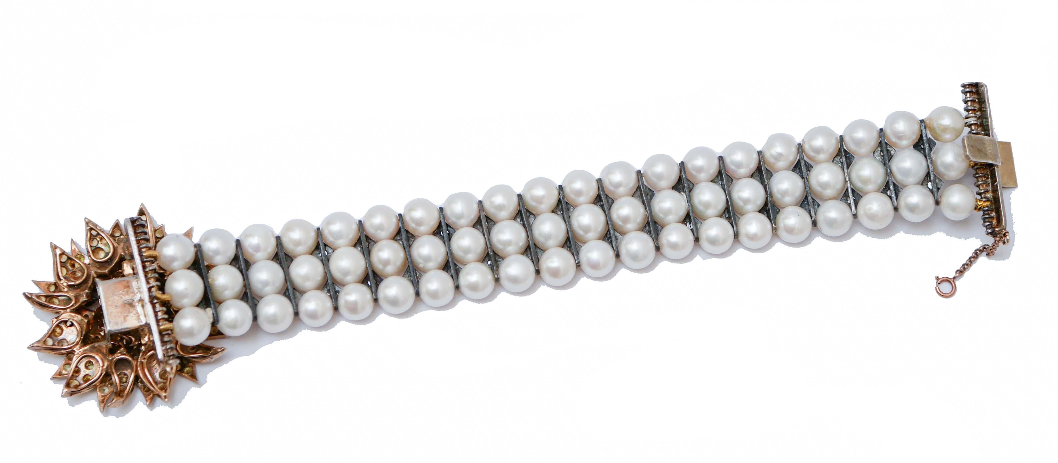 Retro Pearls, Sapphires, Diamonds, Rose Gold and Silver Beaded Bracelet. For Sale