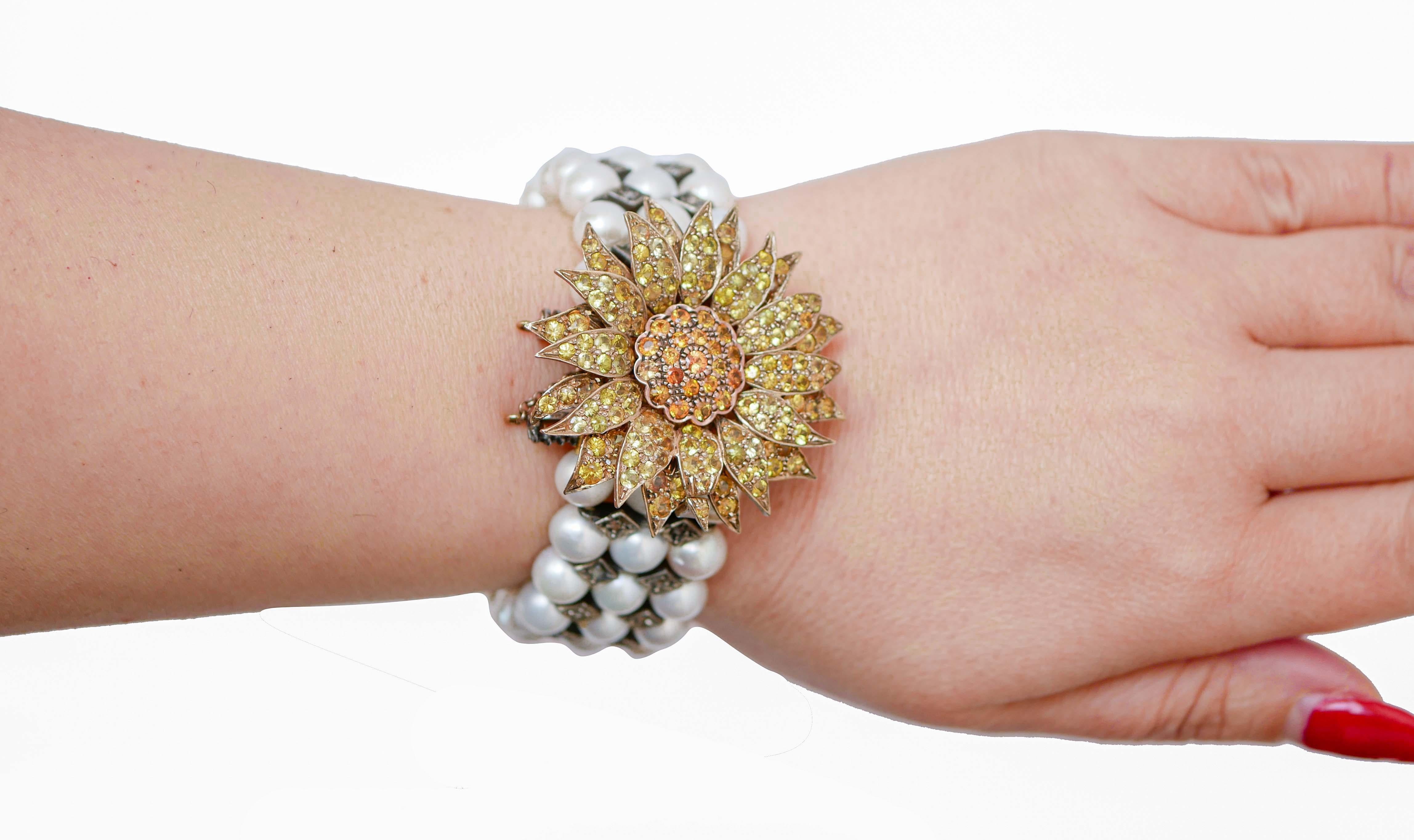 Perlen-, Saphir-, Diamant-, Roségold- und Silberperlen-Armband. (Gemischter Schliff) im Angebot