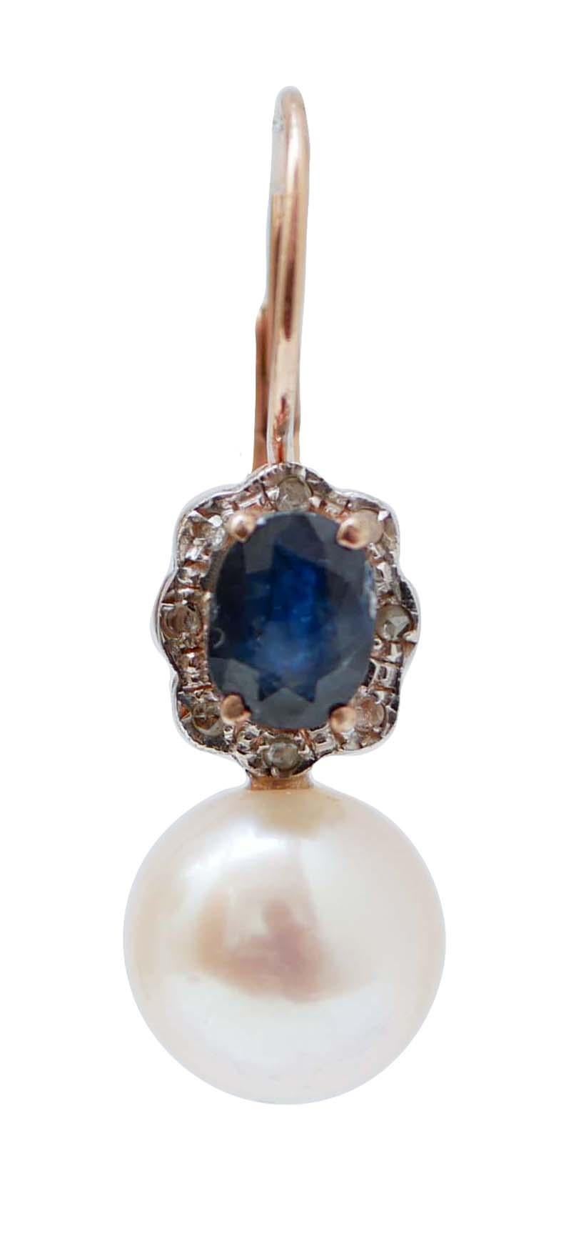 Retro Pearls, Sapphires, Diamonds, Rose Gold and Silver Earrings. For Sale